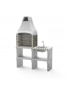 Barbacoa New Iberia en ladrillo blanco y hormigón con bancada y fregadero