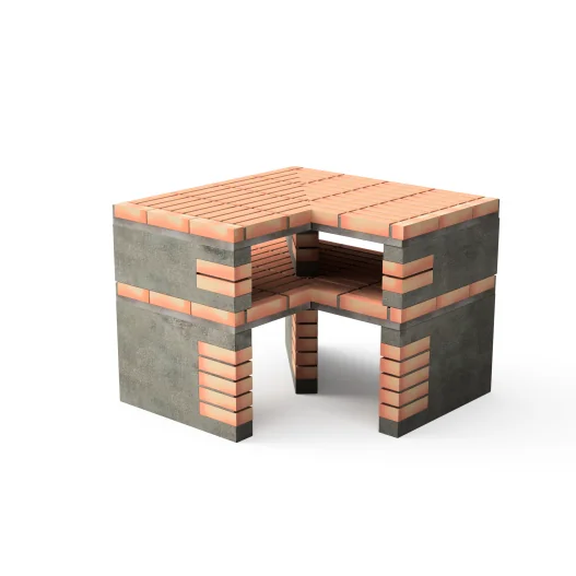 Modulo bancada Esquina California en ladrillo naranja y hormigón con 86,5 x 64 x 81h cm